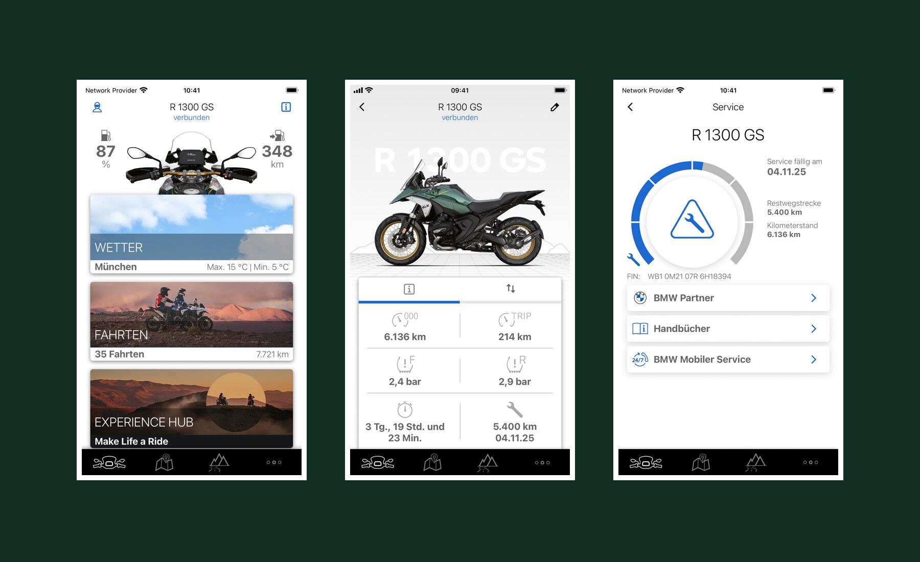 Three BMW Motorrad Connected screens showing rides, motorcycle details, and service information