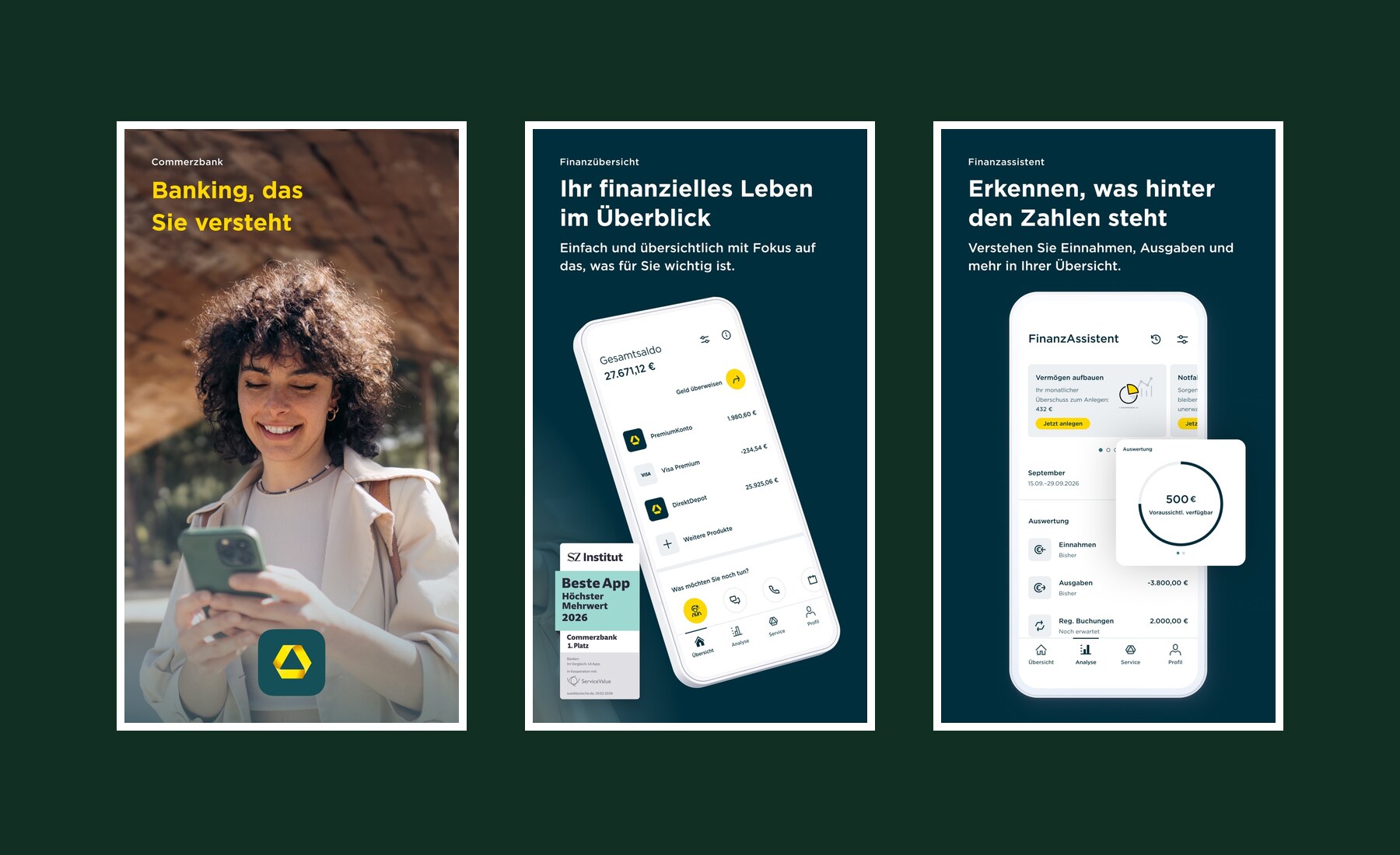 Three Commerzbank Banking screens showing the app, financial overview, and financial assistant